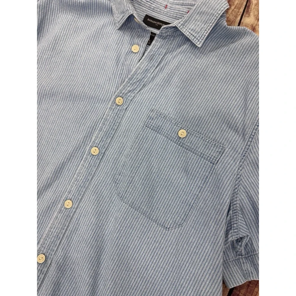 Banana Republic Men's Blue Striped Woven Button-Up SS Pocket Shirt XL Reg